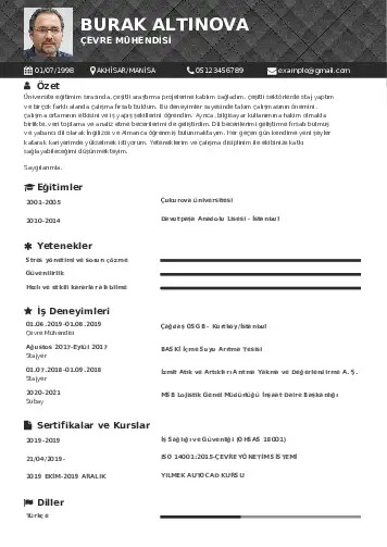 Çevre Mühendisi CV Örnekleri cv indir